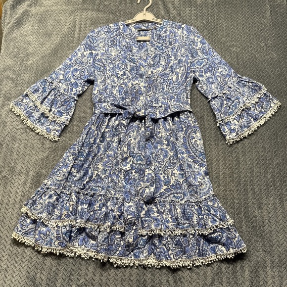 Soft Surroundings Blue Paisley Boho Dress Petite Medium Bell Sleeve Tassel Trim - Picture 1 of 9